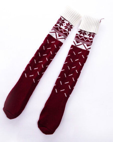 Chaussettes hautes femme Neve tricot coton gris motifs nordiques flocons, nœud décoratif.