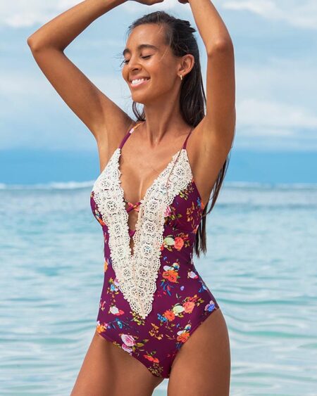 Maillot de Bain Bohème 1 Pièce Fleurs Broderie Prune- ROMY
