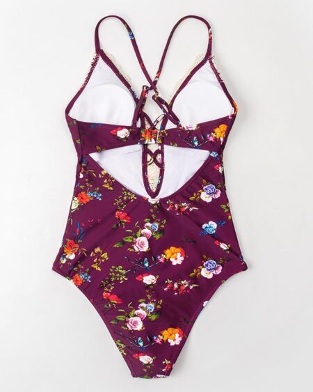 Maillot de Bain Bohème 1 Pièce Fleurs Broderie Prune- ROMY