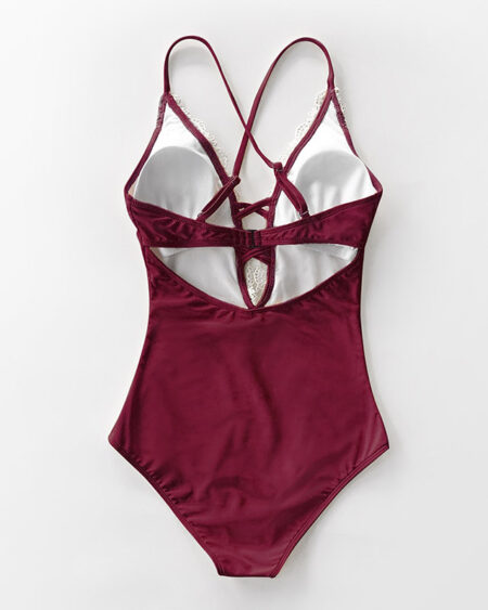 Maillot de Bain Bohème 1 Pièce uni Broderie Bordeaux - ROMY