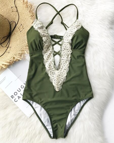 Maillot de Bain Bohème 1 Pièce uni Broderie Kaki - ROMY