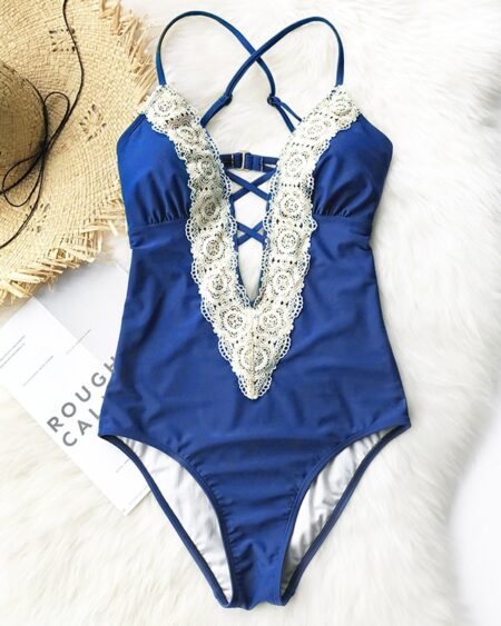 Maillot de Bain Bohème 1 Pièce uni Broderie Bleu - ROMY