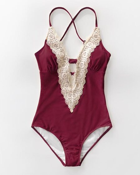 Maillot de Bain Bohème 1 Pièce uni Broderie Bordeaux - ROMY