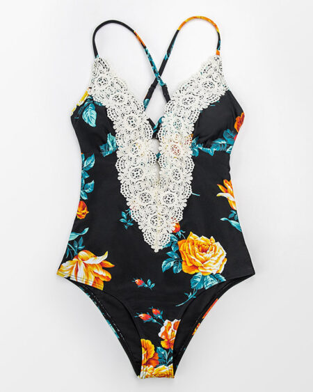 Maillot de Bain Bohème 1 Pièce Fleurs Broderie Noir- ROMY