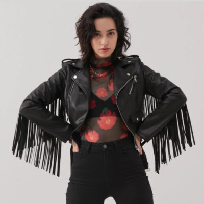 Gilet Motard Vintage Femme En Cuir Noir à Franges - Marque Passport - Taille L