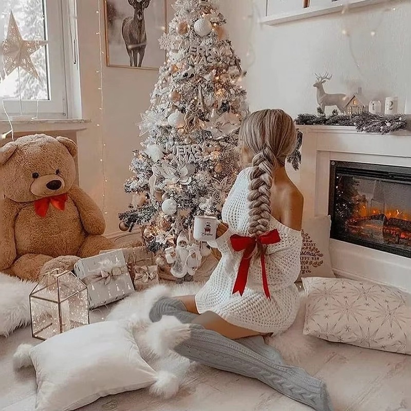 Chaussettes Noël Femme - Mi-cuisses En Laine Avec Motifs Flocons De Neige - Chaudes Et Antidérapantes