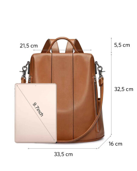 Sac à dos antivol femme BLAIR en cuir camel véritable, polyvalent 3-en-1