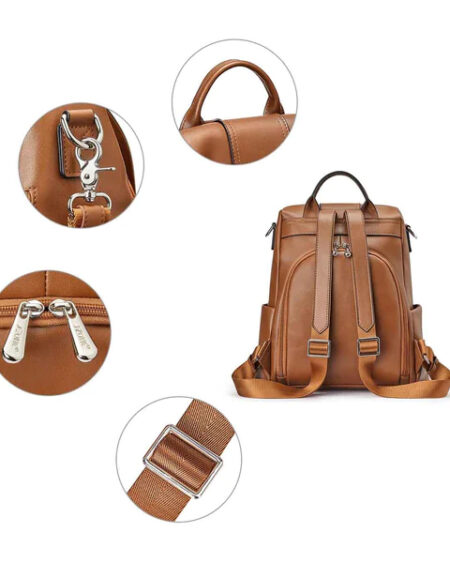 Sac à dos antivol femme BLAIR en cuir camel véritable, polyvalent 3-en-1