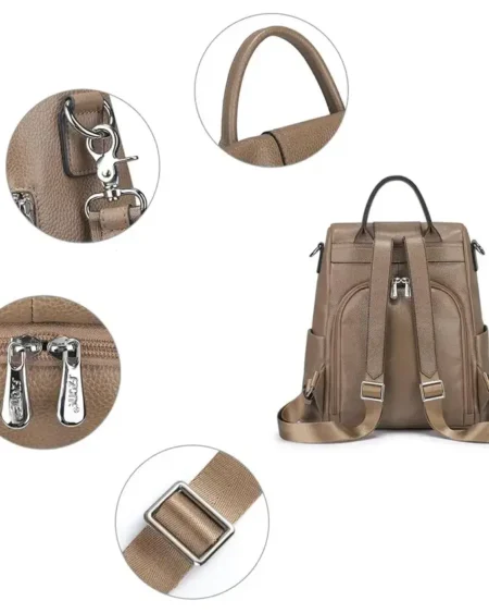Sac à dos antivol BLAIR en cuir taupe pour femme, polyvalent et moderne.