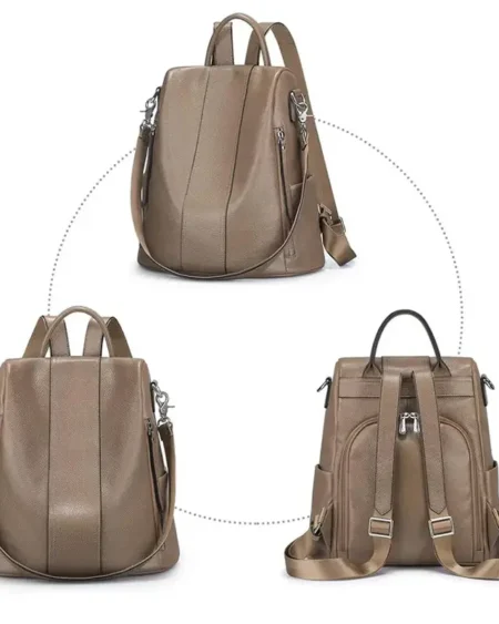 Sac à dos antivol BLAIR en cuir taupe pour femme, polyvalent et moderne.