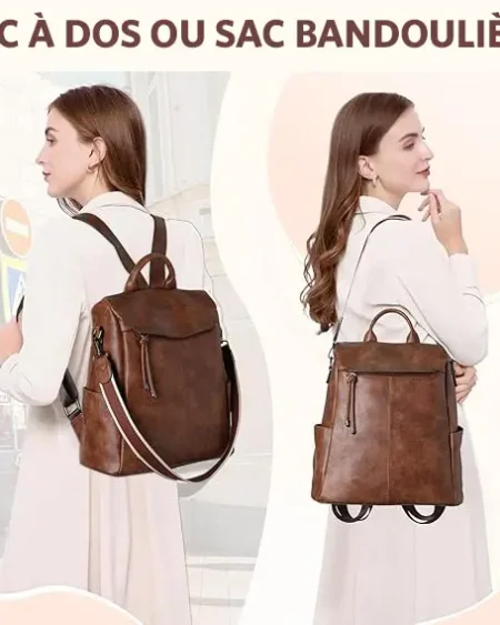 Sac à dos antivol convertible Marina en cuir PU marron pour femme