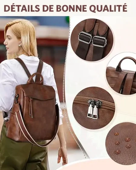 Sac à dos antivol convertible Marina en cuir PU marron pour femme