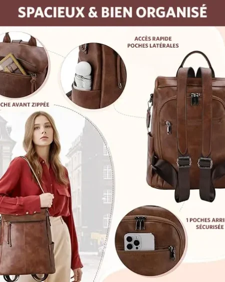 Sac à dos antivol convertible Marina en cuir PU marron pour femme