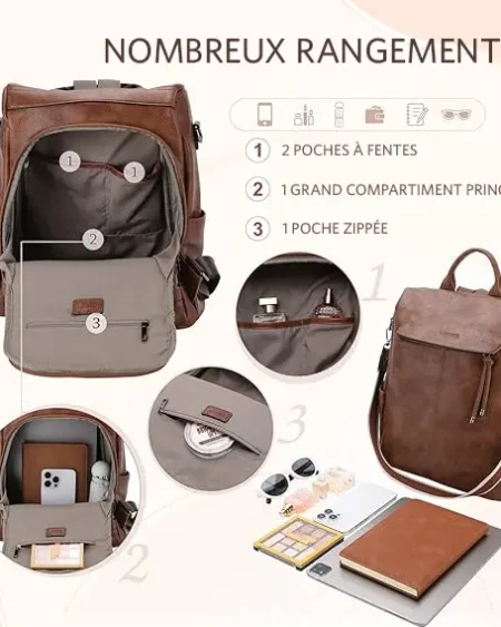 Sac à dos antivol convertible Marina en cuir PU marron pour femme