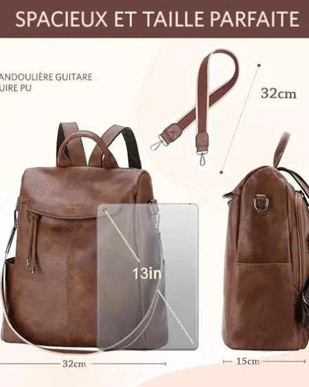 Sac à dos antivol convertible Marina en cuir PU marron pour femme