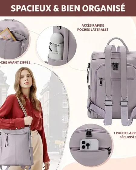Sac à dos antivol convertible VONXURY Marina parme en similicuir végétalien pour femme