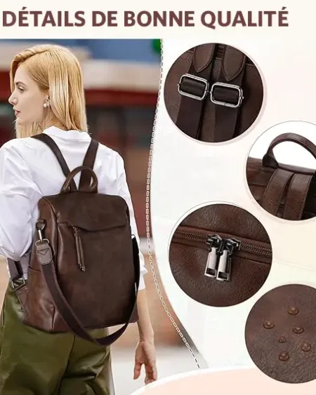 Sac à dos antivol Marina VOYJIN femme en cuir végétalien café, convertible, avec bretelles.