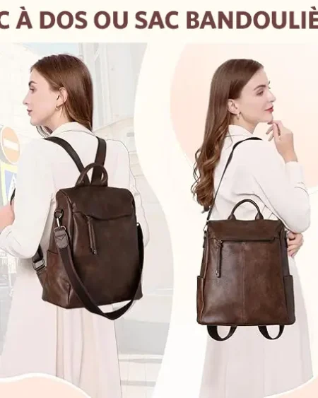 Sac à dos antivol Marina VOYJIN femme en cuir végétalien café, convertible, avec bretelles.