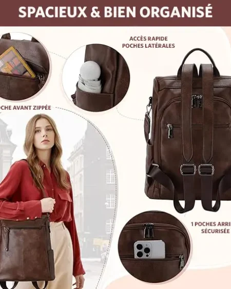 Sac à dos antivol Marina VOYJIN femme en cuir végétalien café, convertible, avec bretelles.