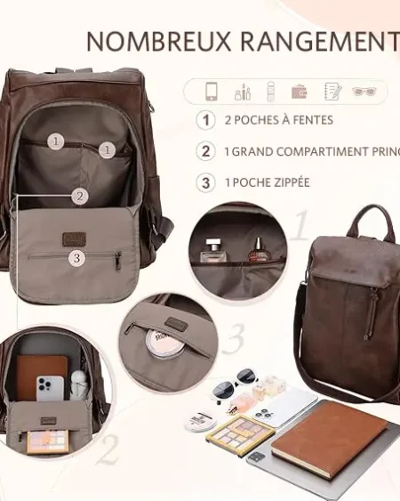 Sac à dos antivol Marina VOYJIN femme en cuir végétalien café, convertible, avec bretelles.