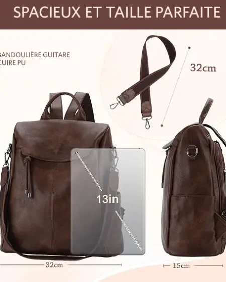 Sac à dos antivol Marina VOYJIN femme en cuir végétalien café, convertible, avec bretelles.