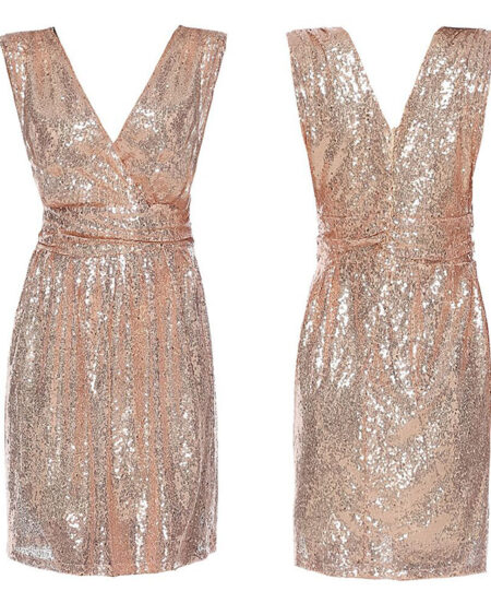 Robe de Soirée Courte Sequins Or Rose