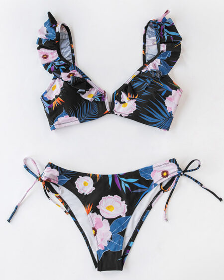 Maillot 2 Pièces Bohème Fleurs Noir - SIMONA