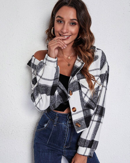 Veste à Carreaux Courte Bohème Noire
