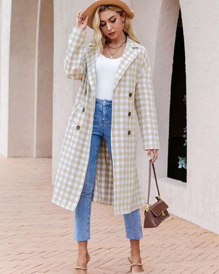 Manteau à Carreaux Long Femme Beige