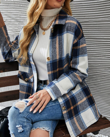 Veste Imprimé Carreaux Femme Bleue