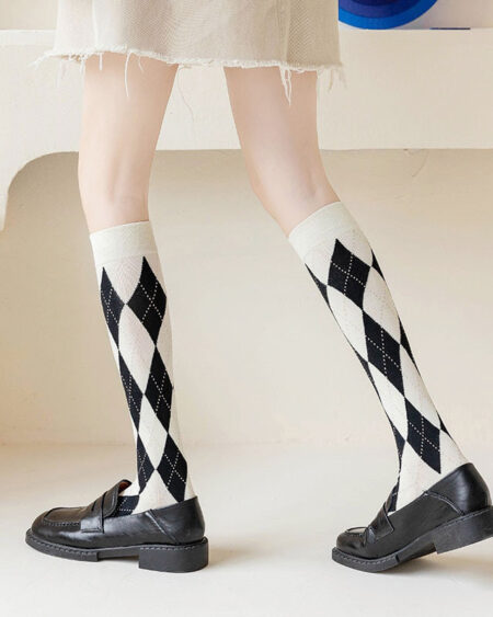 Haute Chaussette Femme Carreaux Noire