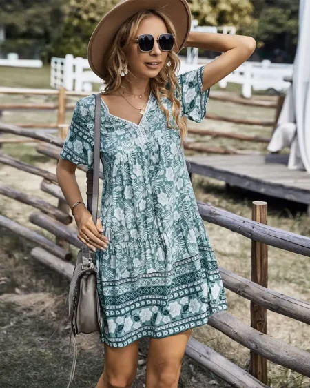 Robe Fleurie Bohème Verte