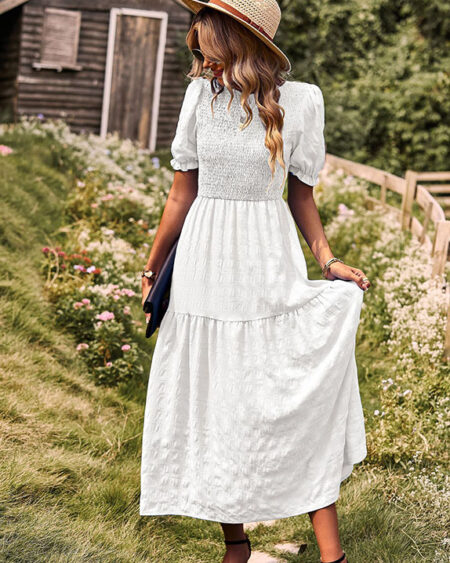 Robe Longue Bohème Smockée Blanche