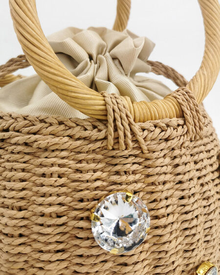 Petit Sac Paille Seau Orné de Cristaux