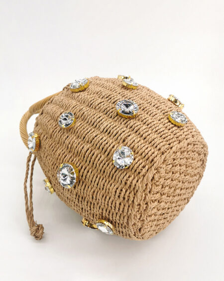 Petit Sac Paille Seau Orné de Cristaux