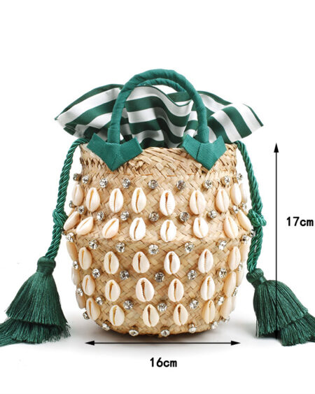 Sac Paille Naturelle Seau Cristaux et Coquillages Vert