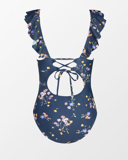 Maillot de Bain 1 Pièce Fleurs Bohème Volants Bleu
