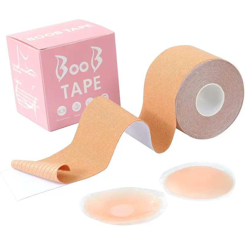 Bande Soutien Gorge Adhesif, Remonte Sein Adhesif, Soutien Gorge Adhésif Invisible, avec 1 Paires Couvre-tétons, Gel de Silice Breast Lift Tape pour Bonnet AE Gros Seins