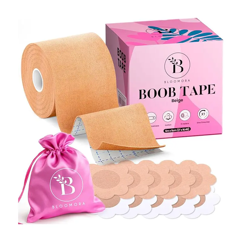 Boob Tape - Remonte Sein Adhesif - Cache Teton Silicone Réutilisable - Bande Adhesive Poitrine généreuse - Scotch Poitrine Femme Invisible & Nombreux Accessoires - Body Tape Beige