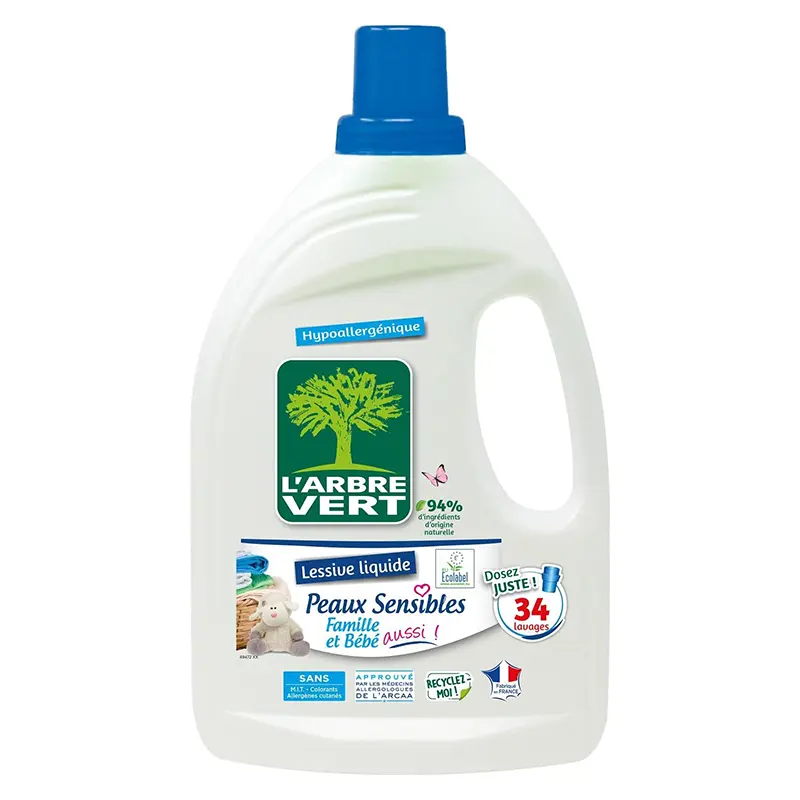 L'Arbre Vert Lessive Liquide pour Peaux Sensibles Famille et Bébé Hypoallergénique Sans Allergènes, 1,5L