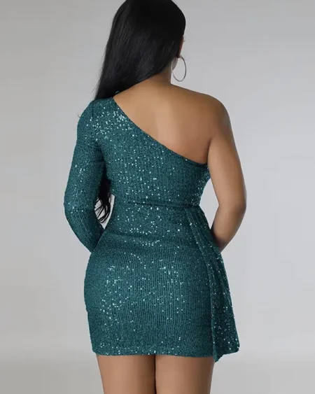Mini Robe de Soirée Asymétrique Sequins verts Drapée