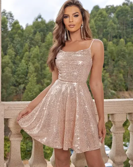 Robe Soirée Courte Sequins Champagne Col Bénitier