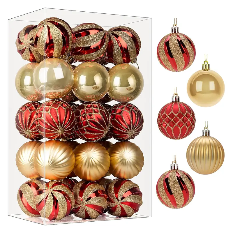 SHareconn Lot de 30 Boules de Noël colorées en Plastique incassable pour Sapin de Noël, décoration de fête, Mariage (60 mm, Rouge et doré)