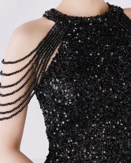 Robe de Soirée Courte Noir Sequins Col Licou