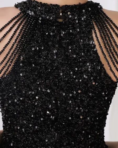 Robe de Soirée Courte Noir Sequins Col Licou