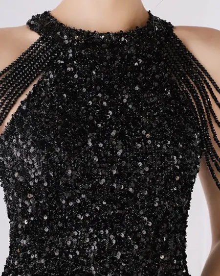 Robe de Soirée Courte Noir Sequins Col Licou