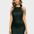 Robe de Soirée Courte Verte Sequins Col Licou