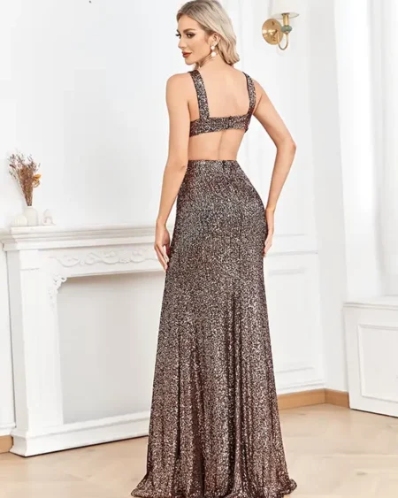 Robe Longue Dorée Strass et Col Croisé