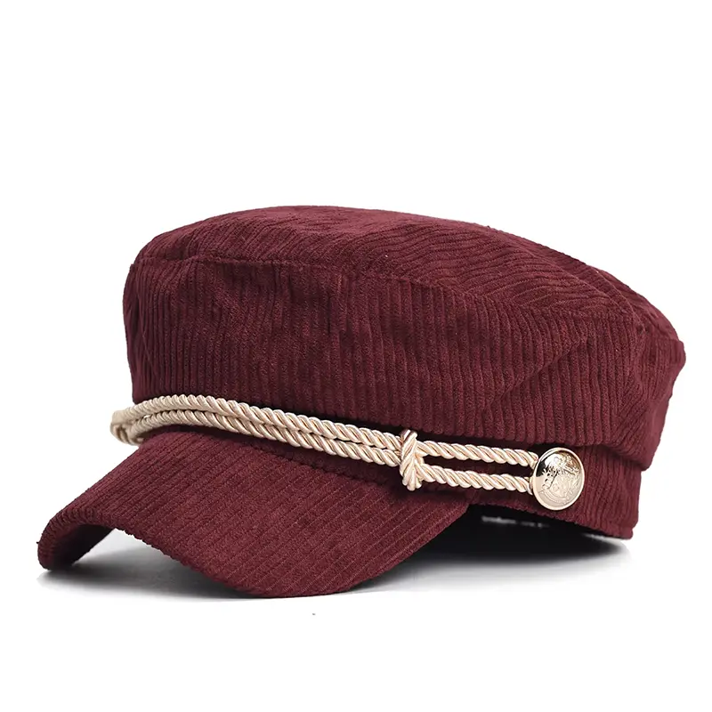 Béret Octogonal Femme En Velours Côtelé Vintage - Chapeau Léger Classique Avec Bouton Décor Pour Automne Hiver