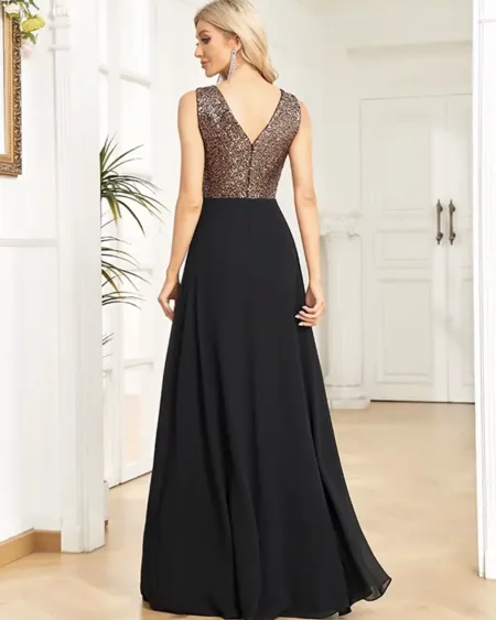Robe de Soirée Mousseline Noire et Strass Dorés